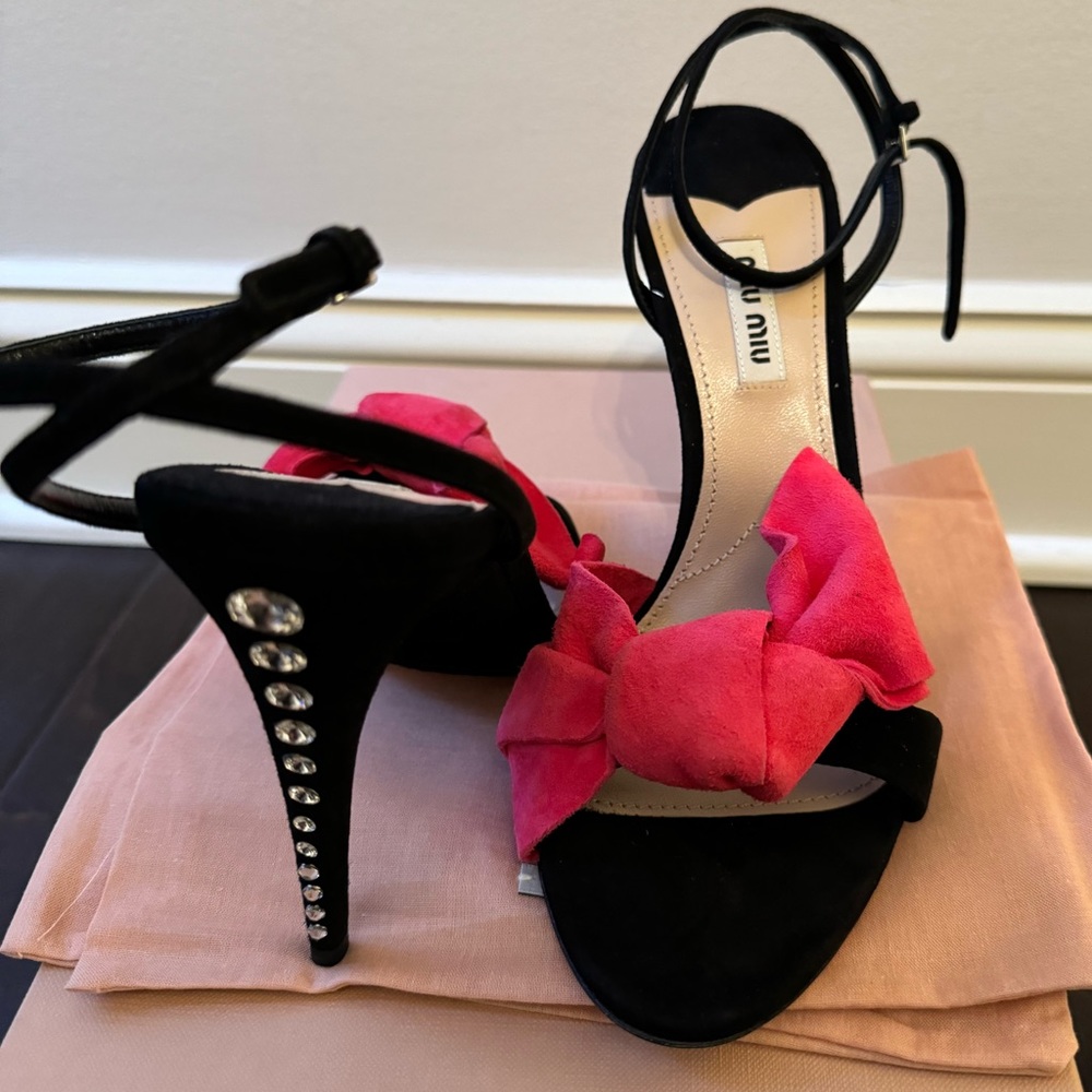 Miu Miu Black and Fuschia Suede Rhinestone Embellished Heels - NWT Size 38.5